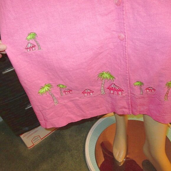 Erika LINEN Blend BUTTON UP Shirt Dress Size L EMBROIDERED Palm Trees MIDI Tie - Picture 3 of 9
